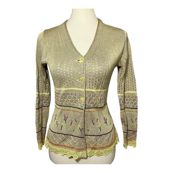 Vintage Cardigan Knit Sweater Poetcore Cottage Crochet Floral Neutral Cream - Picture 3 of 11